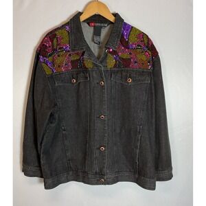 VTG 90s IB‎ Diffusion Sequined Beaded Denim Jacket Sz 20W black western BOHO